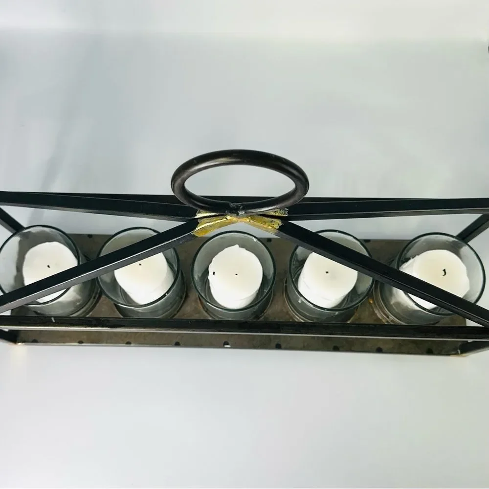 Modern Metal Candle Holder Brushed Gold Accents 5 Glass Votives Farmhouse Decor